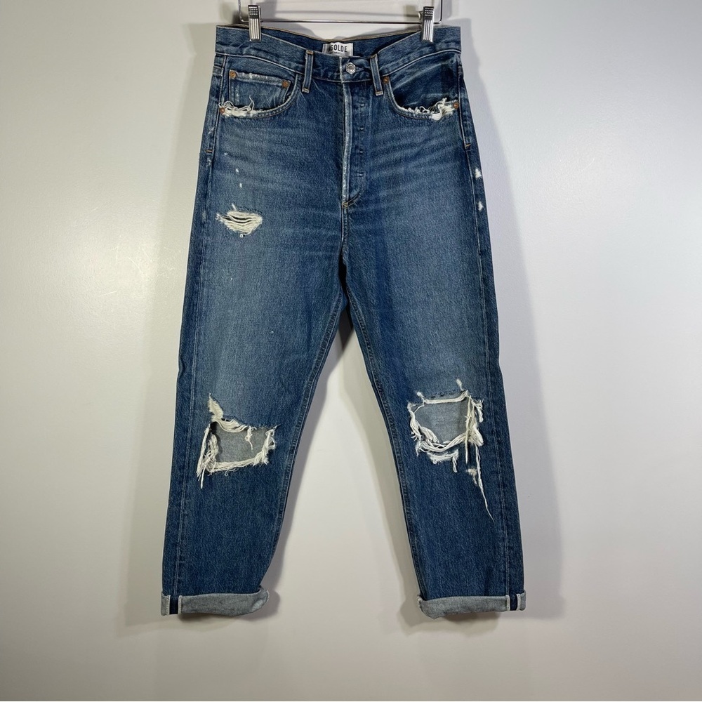Agolde Womens 90s High Rise Loose Fit Distressed Blue Jeans Psyche Wash Size 27 - Picture 4 of 15